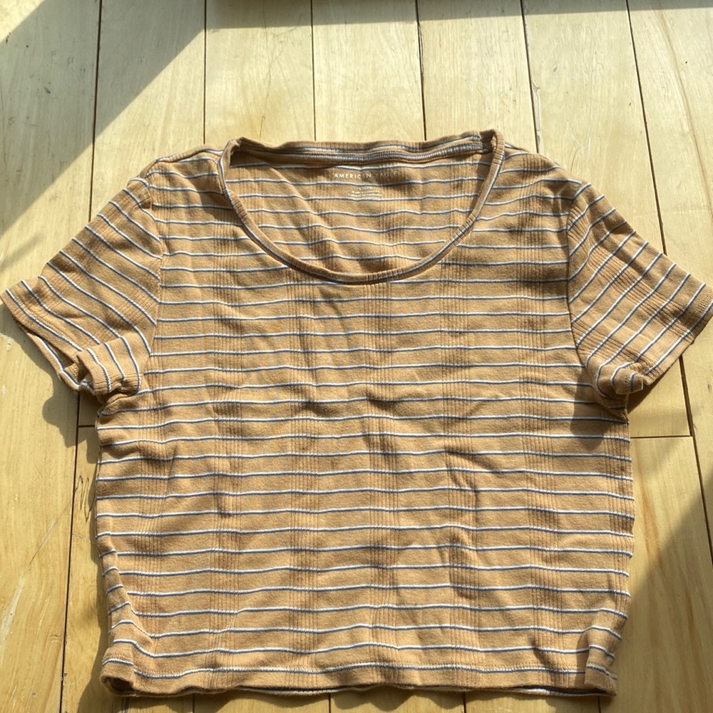 Yellow, blue and white striped American eagle crop top